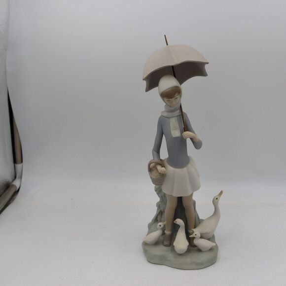 Lladro Vintage Girl With Geese Porcelain Figurine 12” Umbrella Spain Collectible - Picture 2 of 16